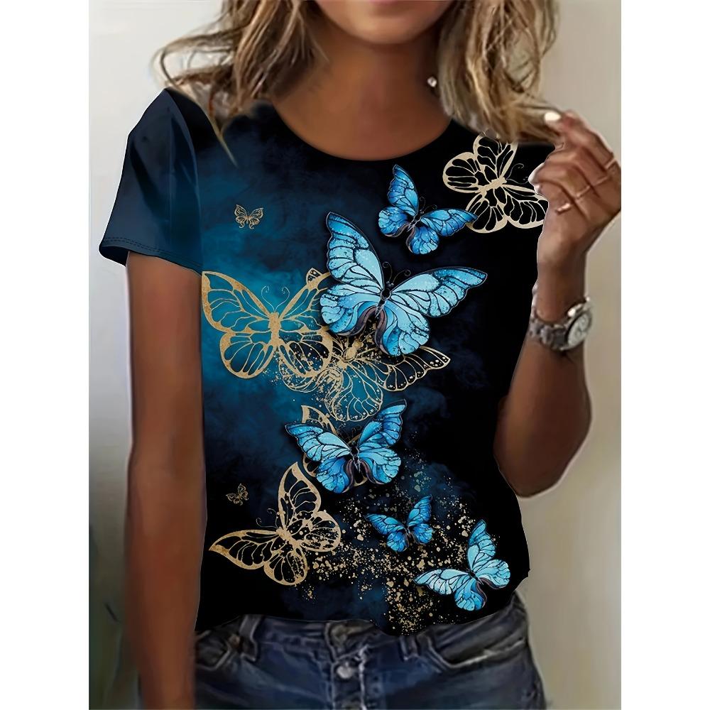 

женский летний повседневный топ с круглым вырезом и коротким рукавом с узором бабочки, свободная повседневная одежда, подарок на День матери S