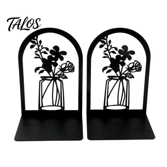 Office Desk Organizer 1 Pair Flower Metal Bookends, Decorative Vase Book Ends for Artistic Bookend Shelves, Black Holder Stopper Home Reading