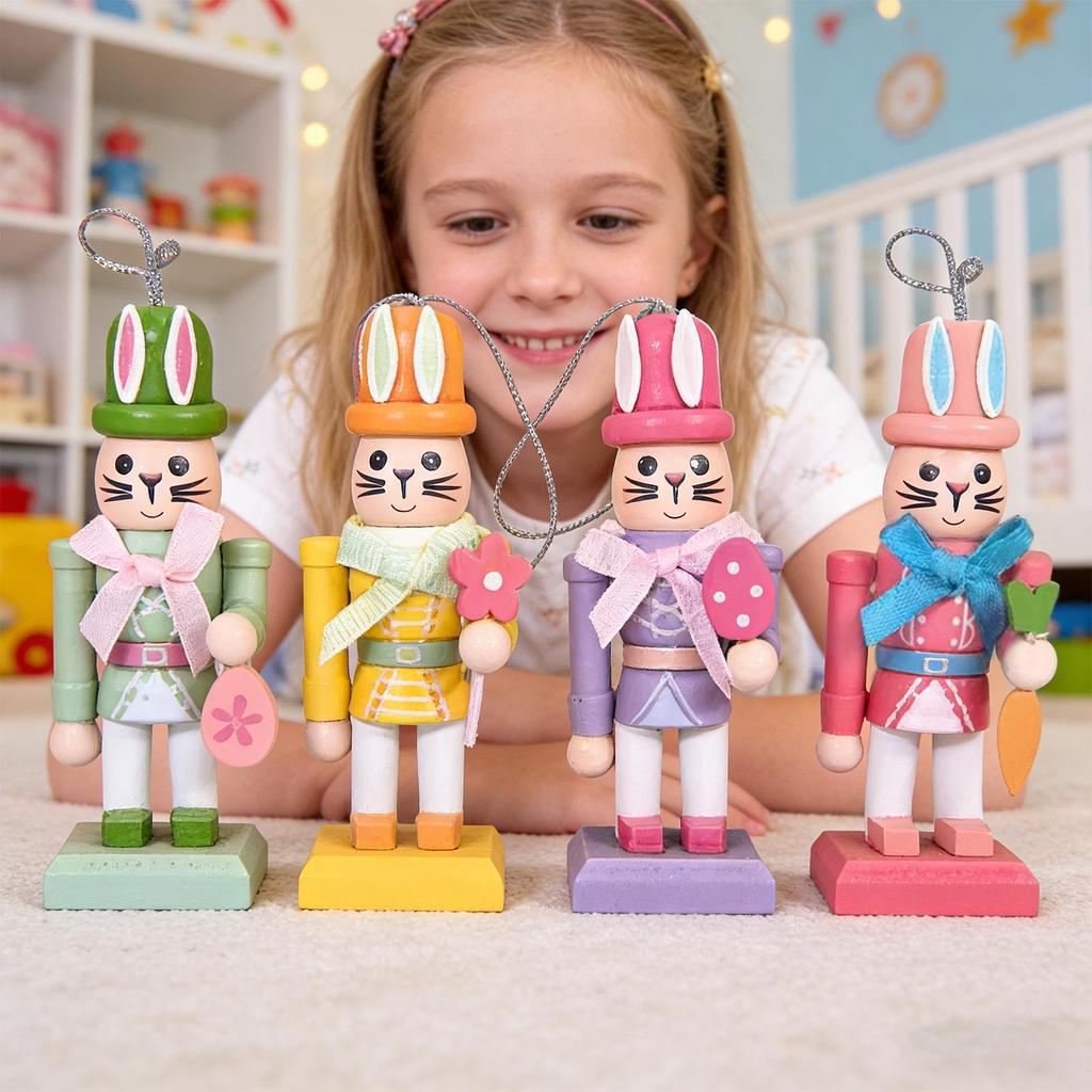 4 Pieces Wooden Bunny Nutcracker Easter Tabletop Sculptures 4.1 Inches Bunny Figures for Workplace Home Bedroom Mantel Decor