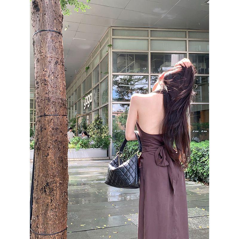 Kumikumi Pure Desire Style Sexy Waist Hugging Slimming Hanging Neck One piece Dress Women clothing Summer Niche Chic Split Long dress