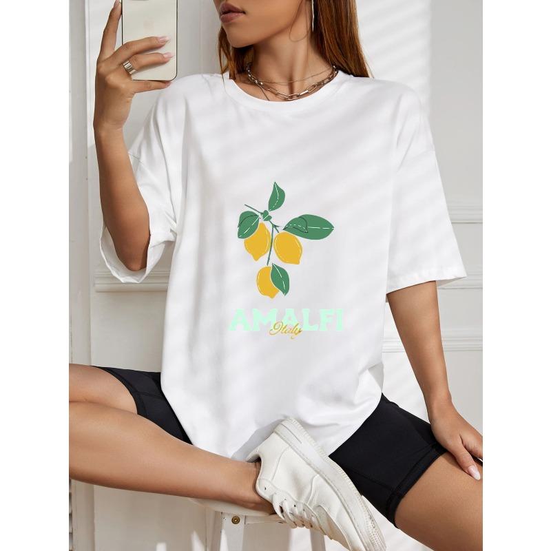 White Oversized T Shirt With Lemon And Amalfi Italy Print For Casual Wear