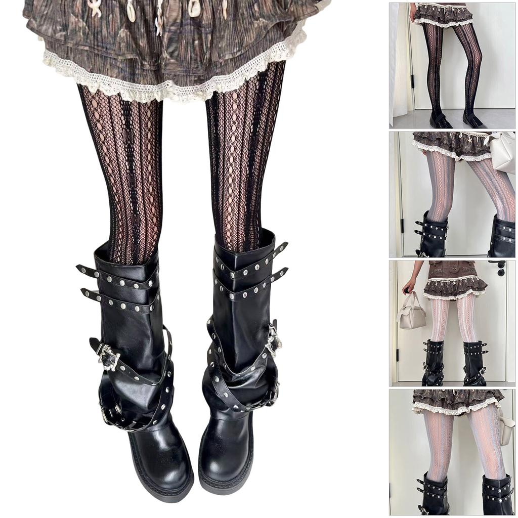 Women Sheer Fishnet Mesh Tights Stockings Aesthetic Hollowed Vertical Striped Patterned See Through Pantyhose Leggings