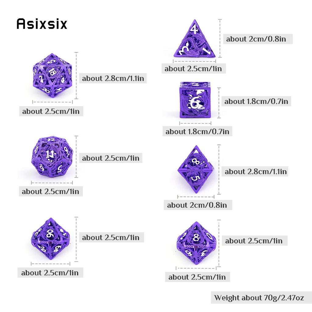 7 Pcs Purple White Dragon Metal Dice Hollow Metal Polyhedral Dice Set Suitable for Role-Playing RPG  Board Game Card Game