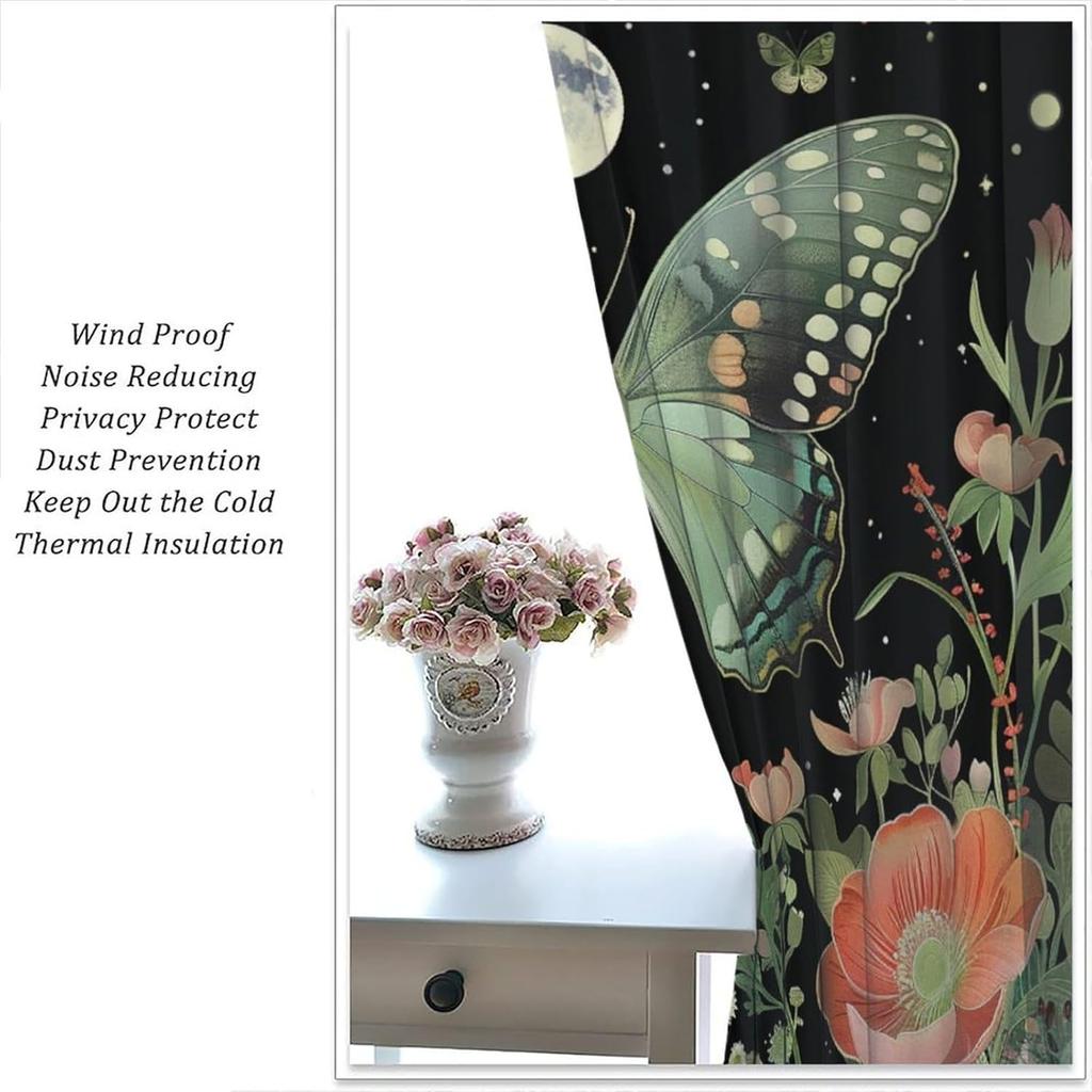 Bohemian Moth Wildflower Curtains Rustic Farmhouse Natural Butterfly Floral Moon Window Drapes Bedroom Living Roo Curtain Light Blocking Polyester