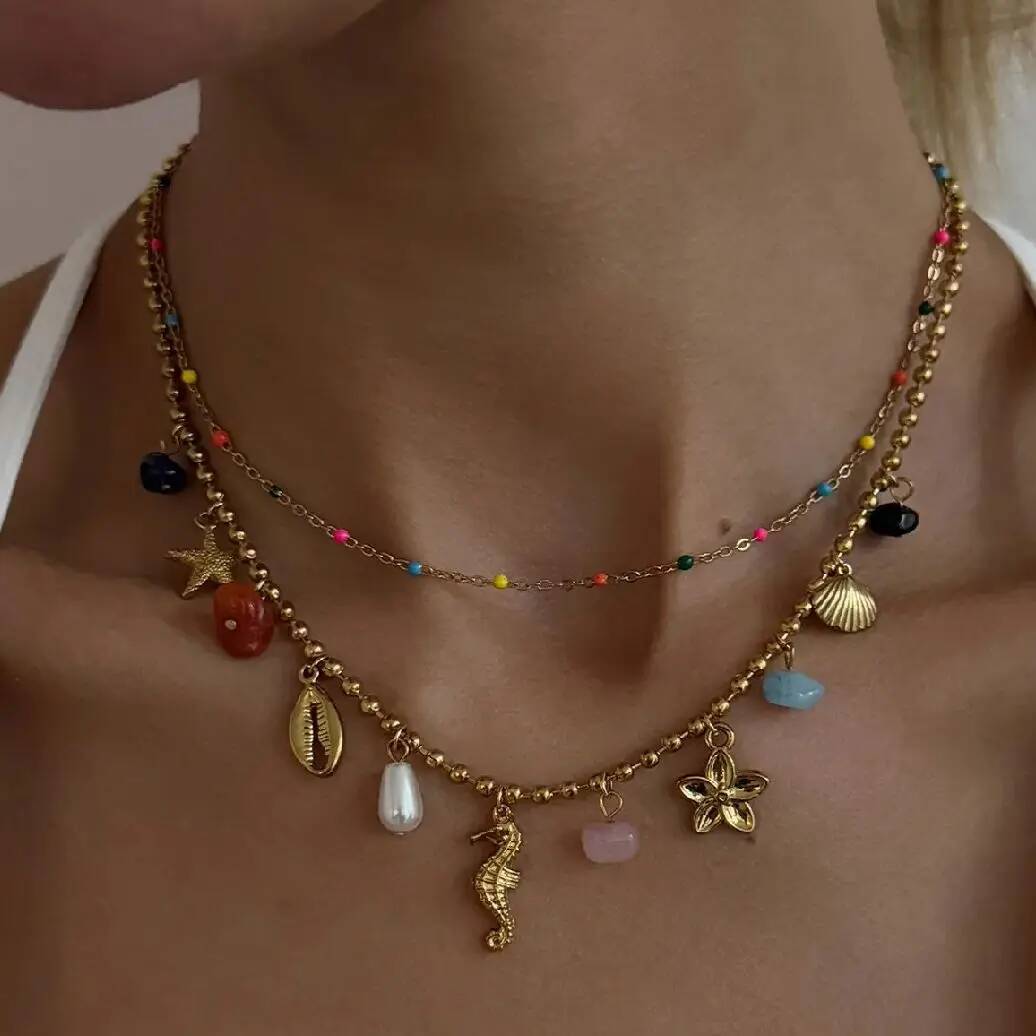 

Ingemark 2pcs/set Boho Stainless Steel Flower Starfish Seahorse Pendant Necklace for Women Trendy Colourful Beads Clavicle Chain