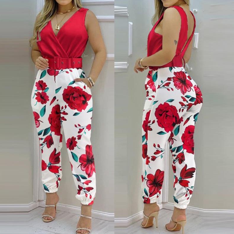 2022 Spring/Summer European & American V-Neck Backless Printed High Waist Women's Jumpsuit (With Belt)