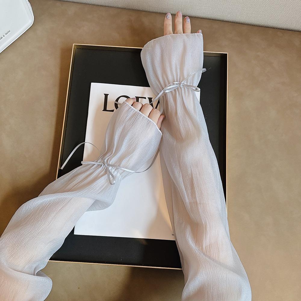 

2pcs/set Fingerless Bow Gauze Sleeves Thin Yarn Arm Sunscreen Covers Driving Style 4