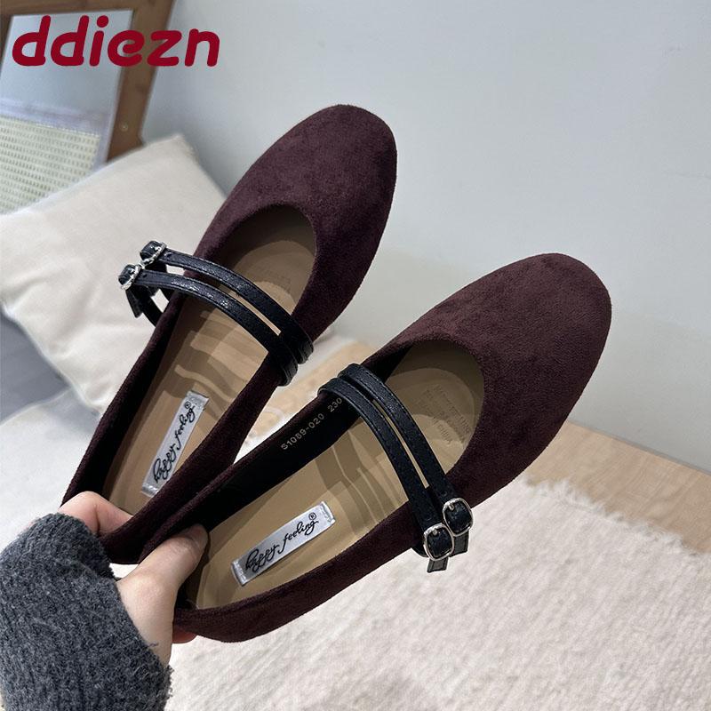 Fashion Fashion Buckle Strap Ladies Mary Janes Flats Shoes Round Toe Female Shallow Footwear Flock Women Ballet Flats Dance Shoes New