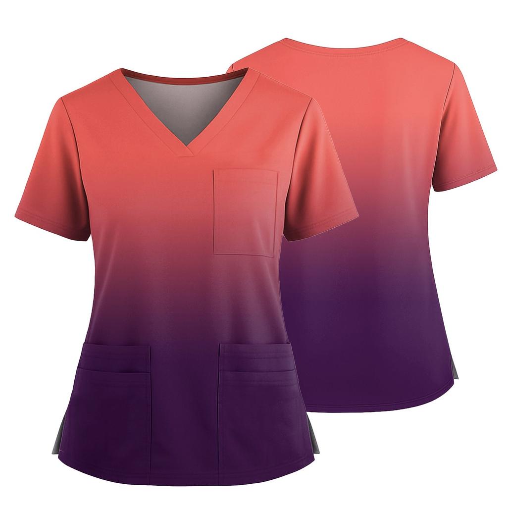 Damen Casual Bedrucktes V-Ausschnitt Taschen Seitennaht Schlitz Kurzarm Top