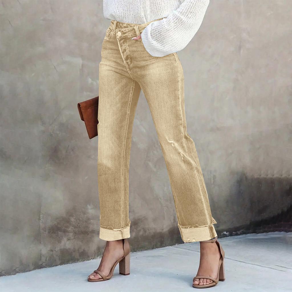 Jeans Dritti da Donna Colorati Casual Versatili a Vita Media con Bordi Sfrangiati