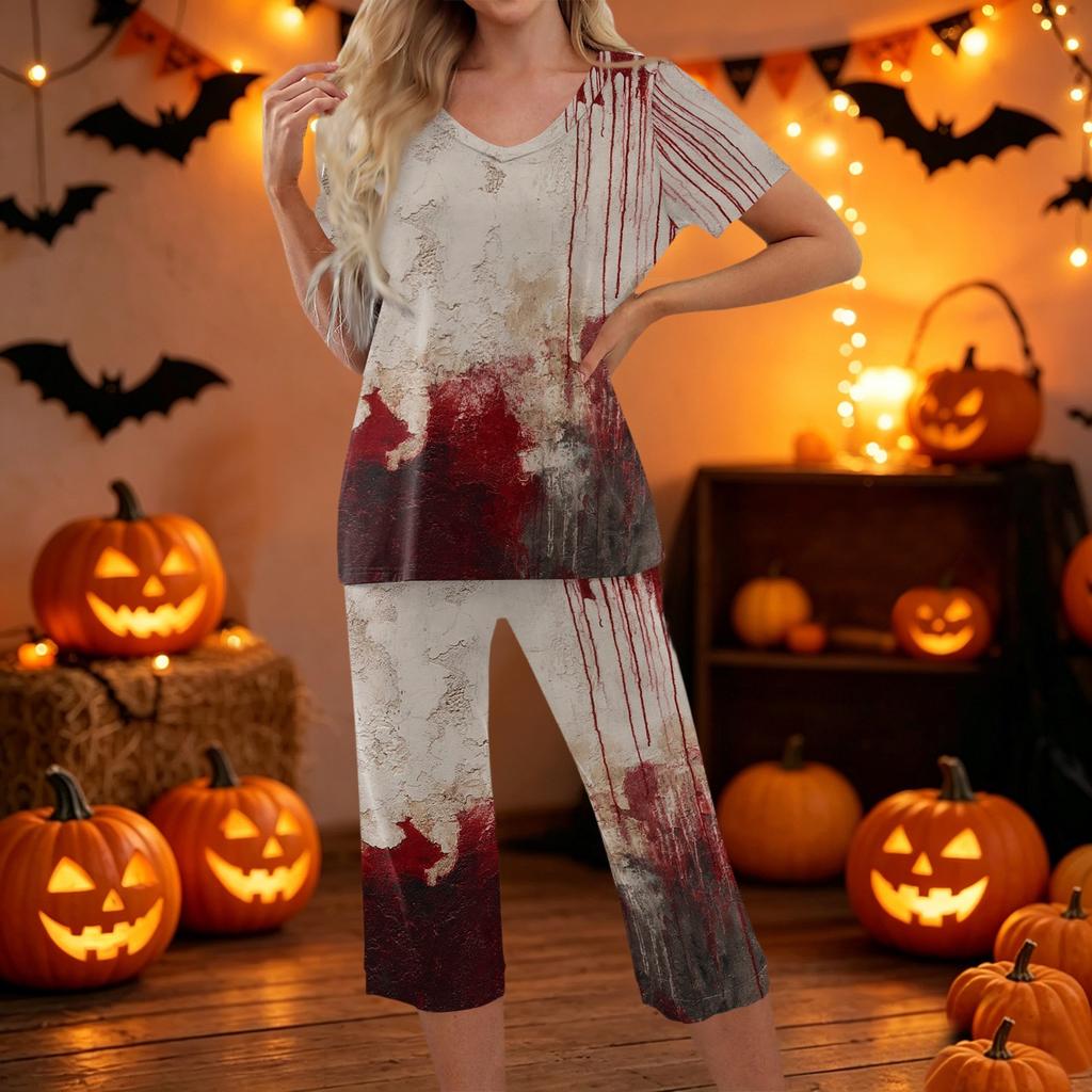 Women Two Piece Set Short Sleeve Top and Capri Pants Halloween Print Casual Lounge Outfit Comfortable Fit