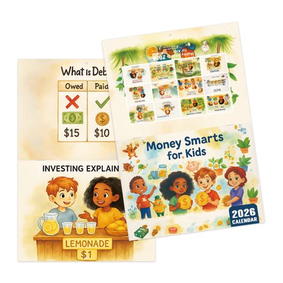 2026 Money Smarts for Kids Calendar Money Learning Monthly Planner with Colorful Illustrations And Money Management Concept for Classroom Home