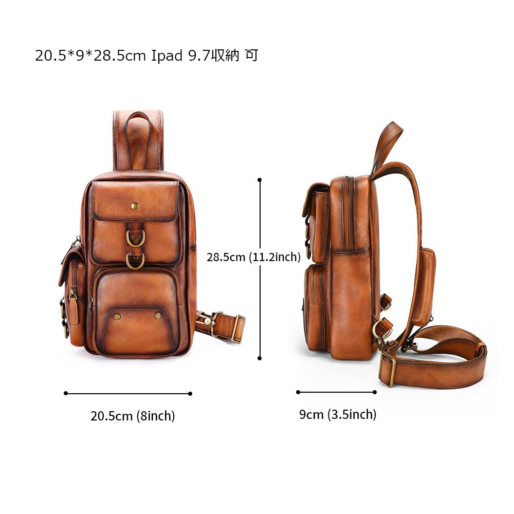Whatna Antique-Style Tanned Natural Cowhide Leather One-Shoulder Men's Body Bag, Chest Bag, Crossbody Bag, Genuine Leather, Thick Leather, Gift for