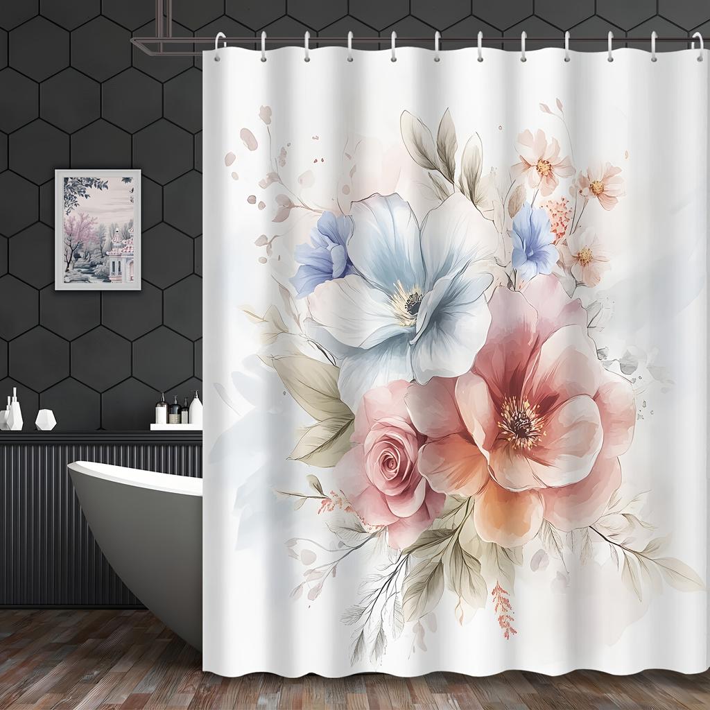 1pc Vintage Watercolor Beautiful Floral and Plant Shower Curtain, Polyester Fabric, Machine Washable, Suitable for Bathroom