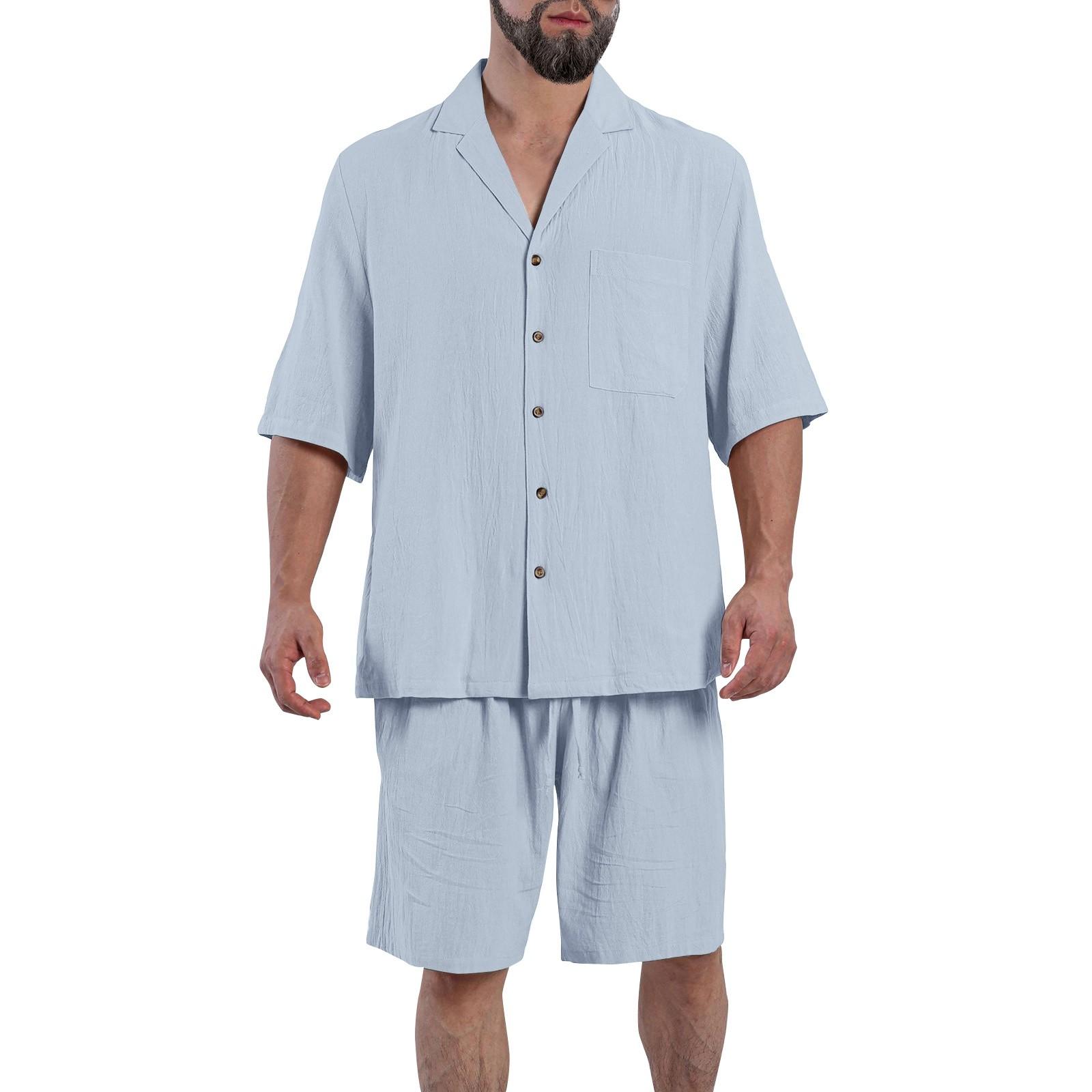 

Мужская однотонная рубашка из хлопка и льна с воротником и карманом на четверть пуговицы L