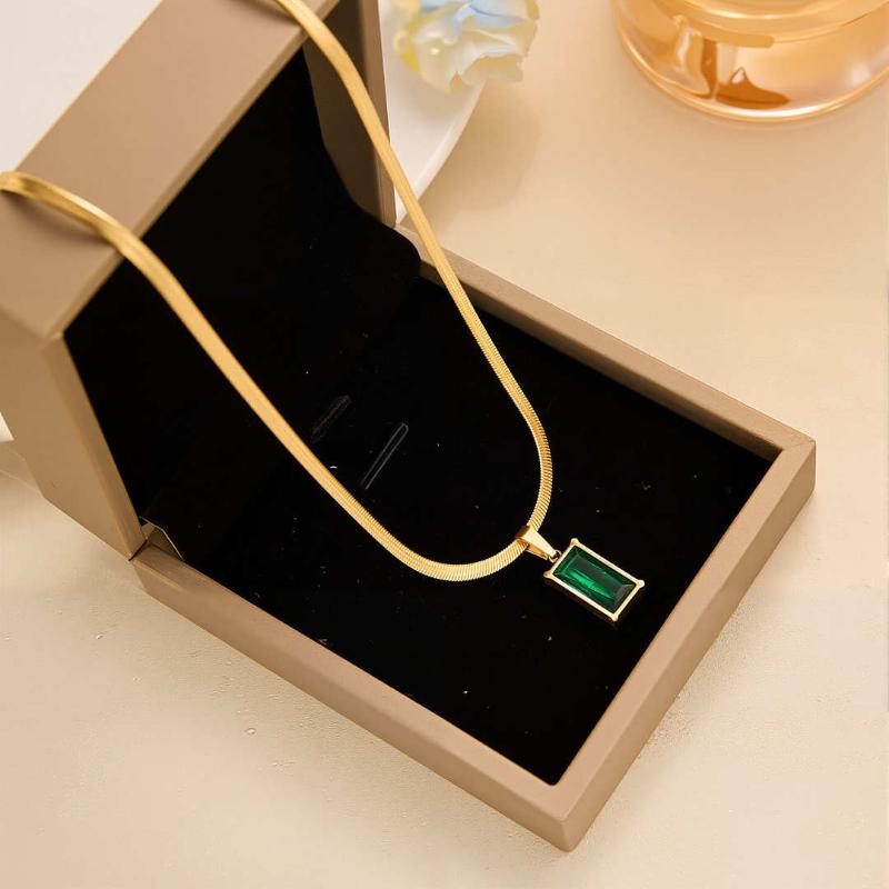1Set Stainless Steel Rectangle Green Zircon Pendant Necklace Earrings For Women Party Jewelry Set