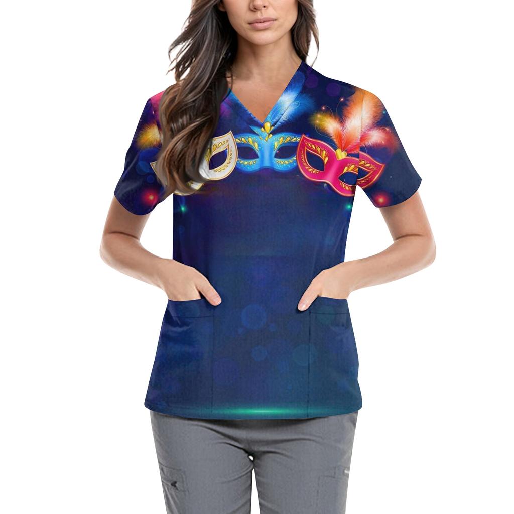 Women's  Carnival Themed Outfit Party Mask Pattern Caregiver Top