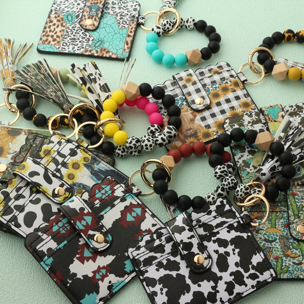 Bull Silicone Beads Bracelet Pu Leather Purse Leopard Print Tassel Cow Wallet Keychain Silicone Beaded ID Card Holder Keychain