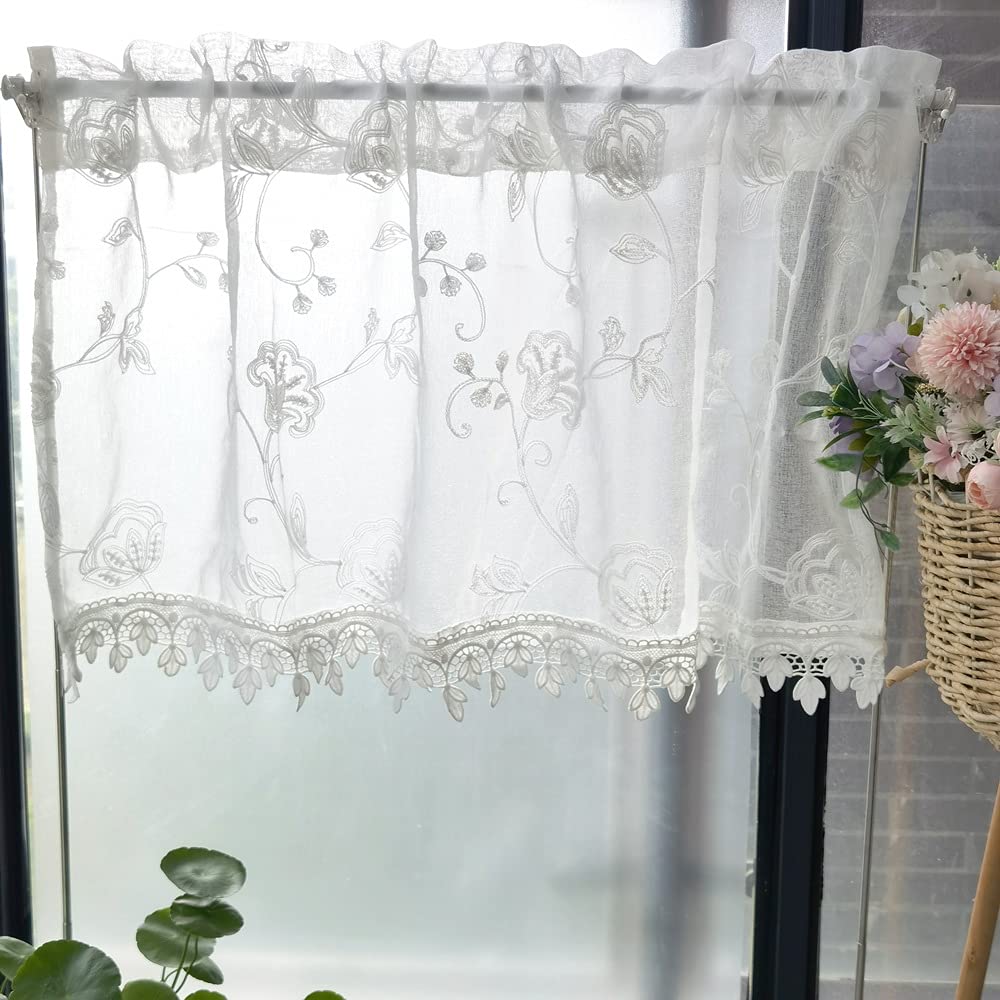 Pureaqu Stylish Floral White Cafe Small Lace Room Half Window Living Coffee 1 Width 200cm X Length 50cm Curtains, Short, Window, Curtains, Partitions,