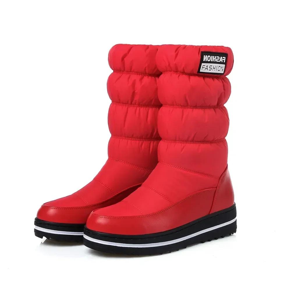 Plus Size Winter Mid-calf Snow Boots Women Warm Plush Blue Red Outdoor Lady Waterproof Wedge Platform Elastic Slip-on Half Boots