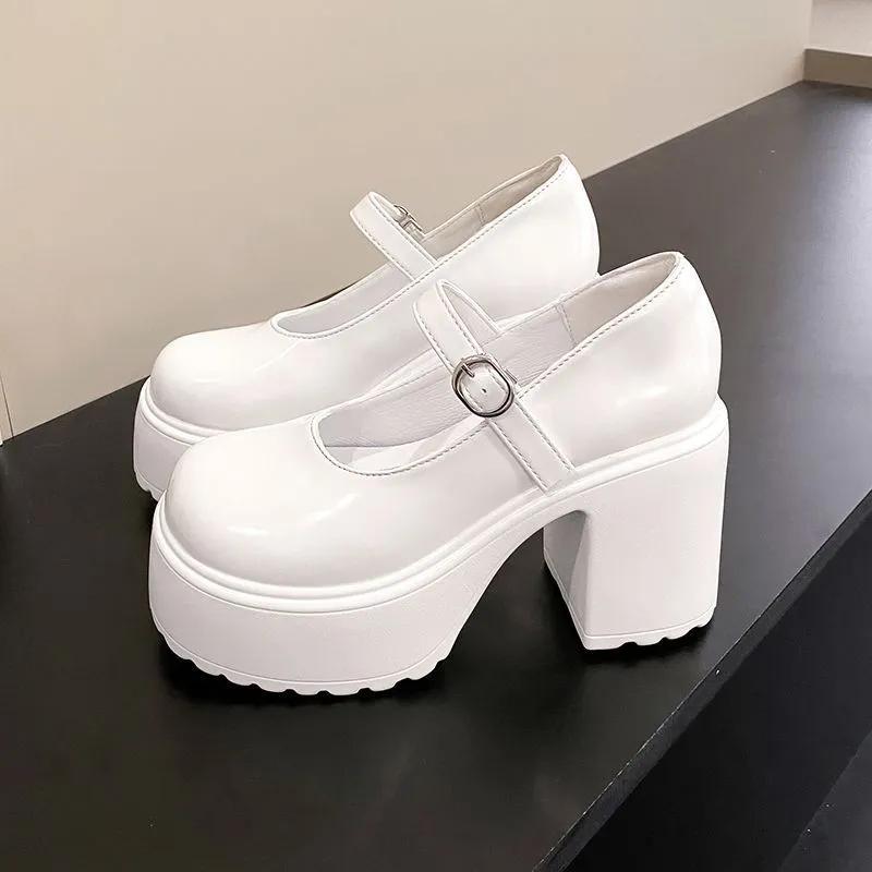 Autumn High Heels Mary Janes Shoes  Leather Heeled Shoes Woman Platform Ankle Strap Pumps for Women