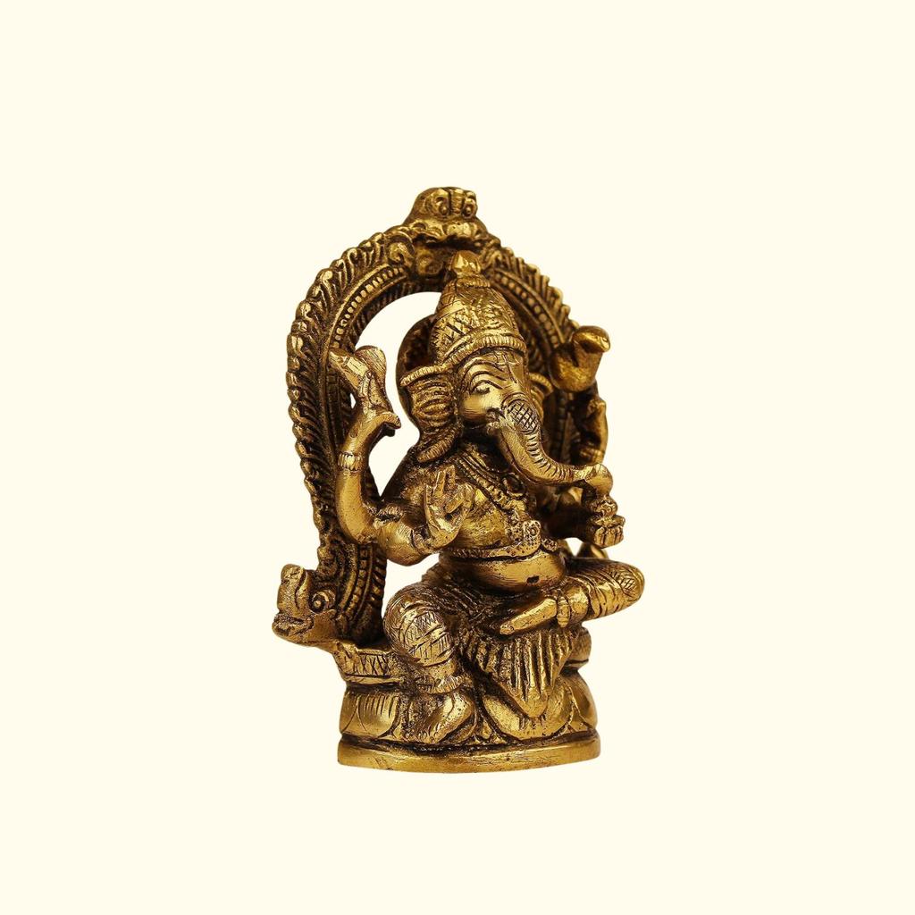 Pure Brass Idol, Ganesh Bhagwan Sitting On Singhasan Gold Color - 4.5 Inch