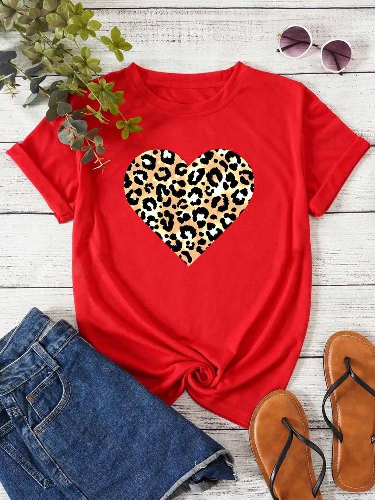 Funny Leopard Heart Print T Shirt for Women Clothing Casual Short Sleeves T-shirt Fashion Streetwear Crew Neck Female Shirts