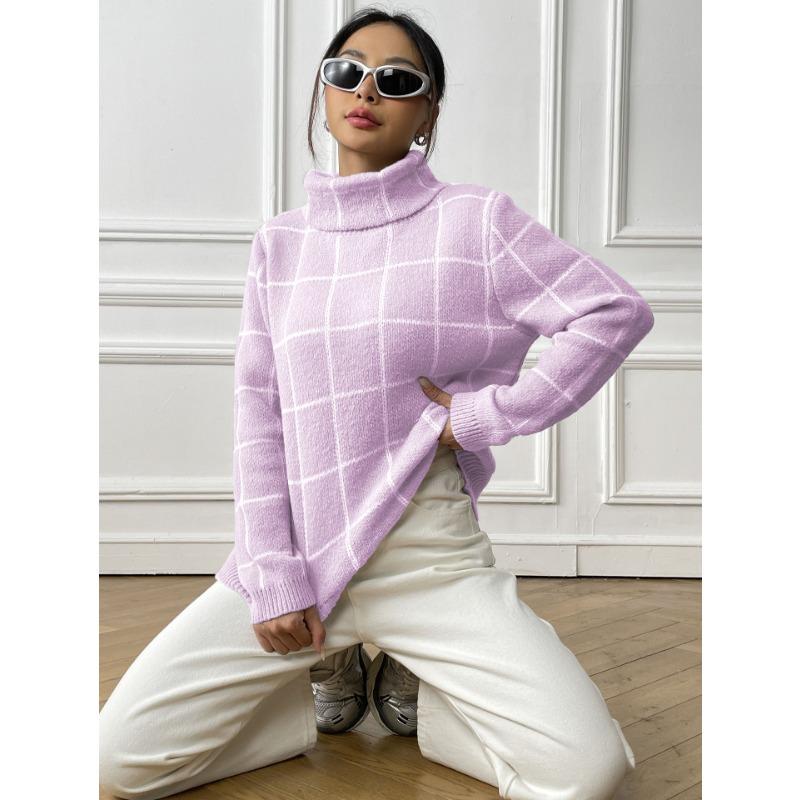 Women's Pullover Check Turtleneck with A Contrasting Base