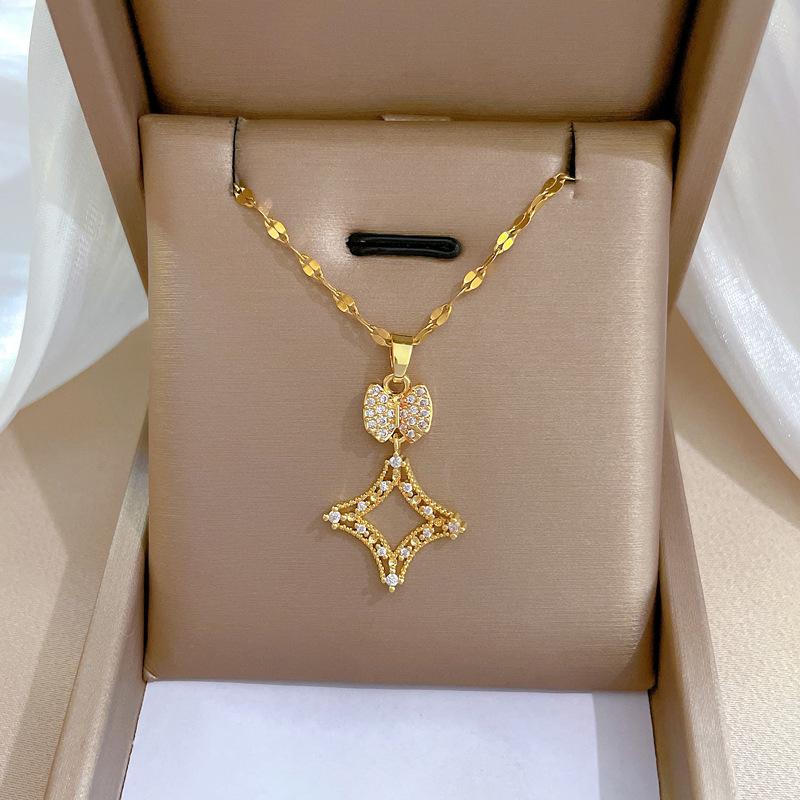 Titanium Steel Light Luxury Square Temperament Micro Diamond Necklace Women'S Exquisite Wind Collarbone Chain With Jewelry