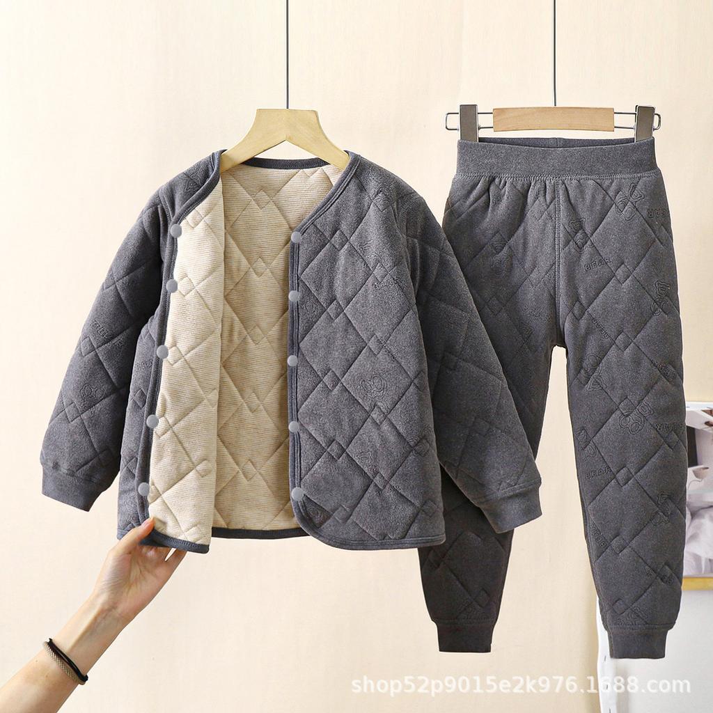Children's School Uniform Artifact Autumn and Winter Three-layer Quilted Cotton Boys' Cotton Jacket with Thick Velvet Lining and Girls' Cotton Jacket