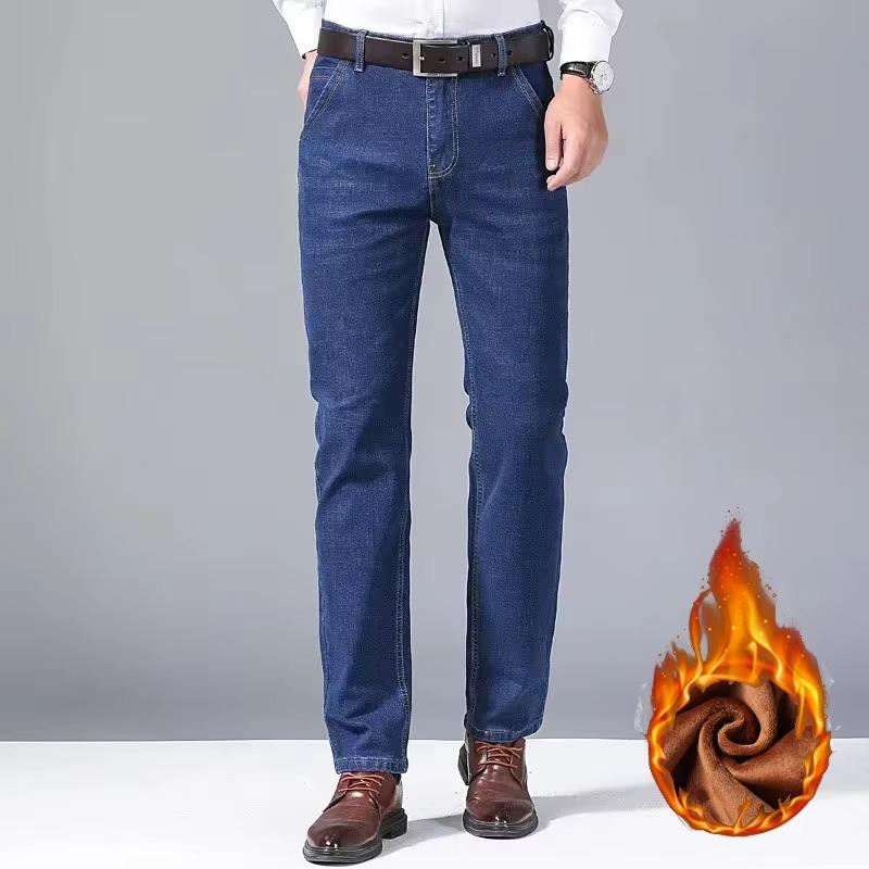 Zima Ležérní Pánské Teplé fleecové džíny Klasický styl Business Hustá kožešina Regular Fit Denim Kalhoty Značka Plyšové kalhoty