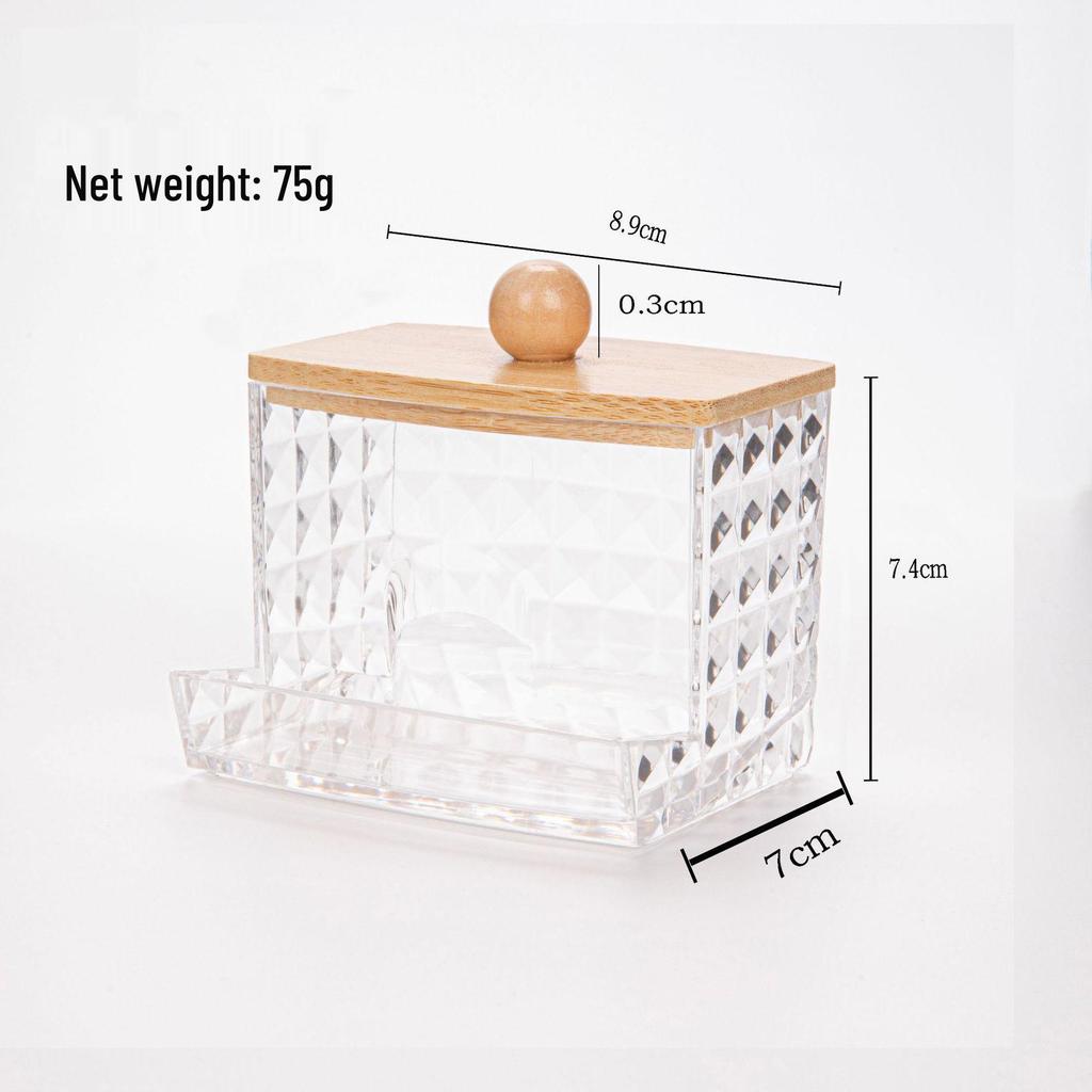 Diamond Pattern Cotton Pad Organizer with Wooden Lid - Multi-Purpose Desktop Storage Box