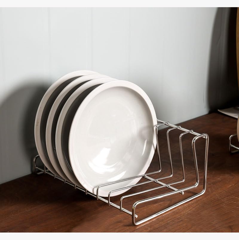 IMEEA Dish Stand, Dish Drying Rack, Plate Holder, W26×D18×H11.5cm, Plate and Pot Lid Storage Rack, Stainless Steel, 8 Compartments, Space-Saving, Silv