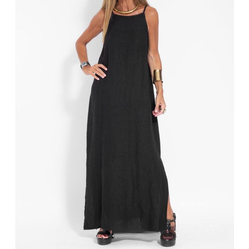 Fashionable and Casual Cotton and Linen Split Suspender Dress
