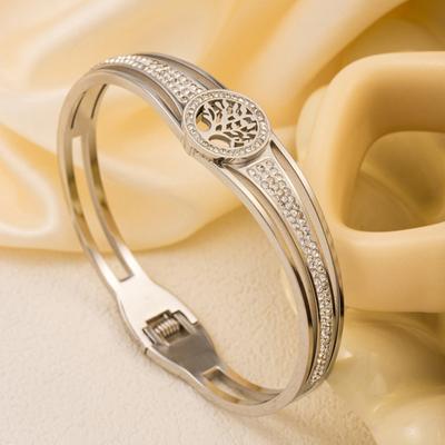 Lady Bangle Cubic Zirconia Life Tree Decor Hollow Out Electroplated Titanium Steel Bracelet for Prom Daily Dating Gift for Love Ones