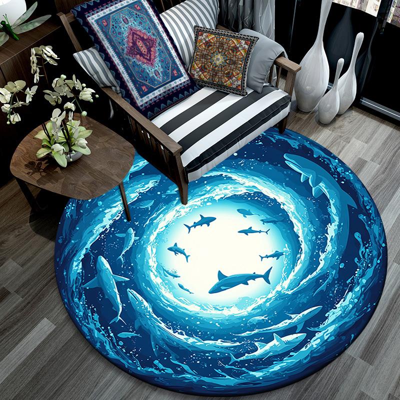 Sharks Round Area Rug,Carpet Rug for Living Room Bedroom Sofa Playroom Decor,Non-slip Floor Mat