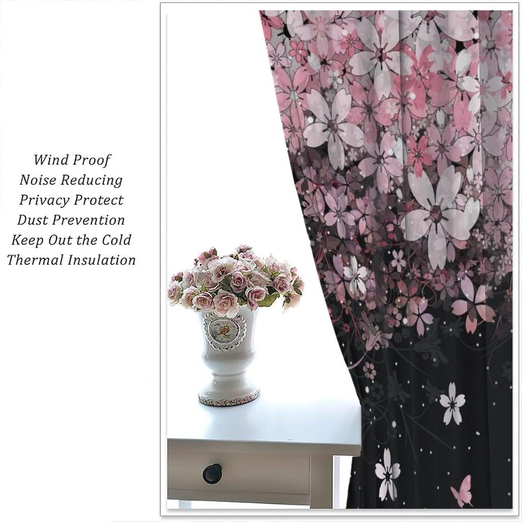 Watercolor Pink Art Butterflies Curtains for Living Room   Abstract Aesthetic Spring Nature Cherry Blossoms Rod Pocket Thermal In