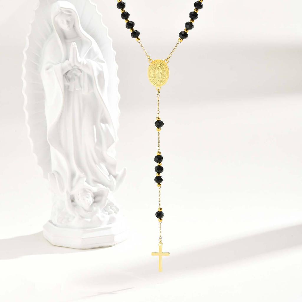 Stainless Steel Virgin Mary Rosary Cross Necklace for Women, Long Chain Necklace with Crystal Beads, Religious Catholic Gifts