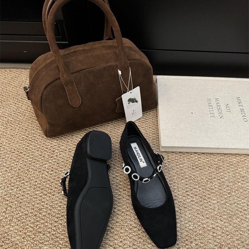 2025 temperament small square head Korean diamond belt shallow mouth Mary Jane shoes women's spring and autumn low-heeled suede single shoes