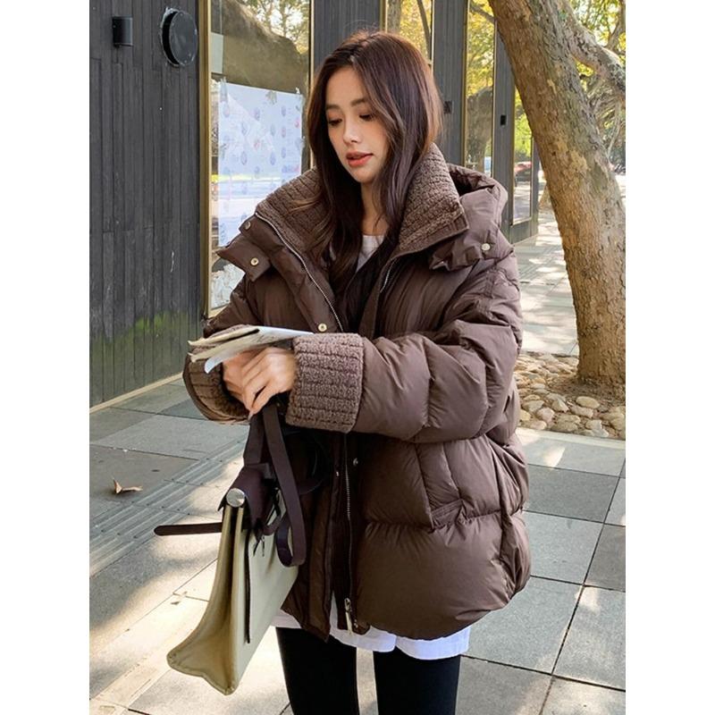 Winter Fashion Brown Down Cotton Coat Women Thickened Loose Lamb Fur Collar Jacket