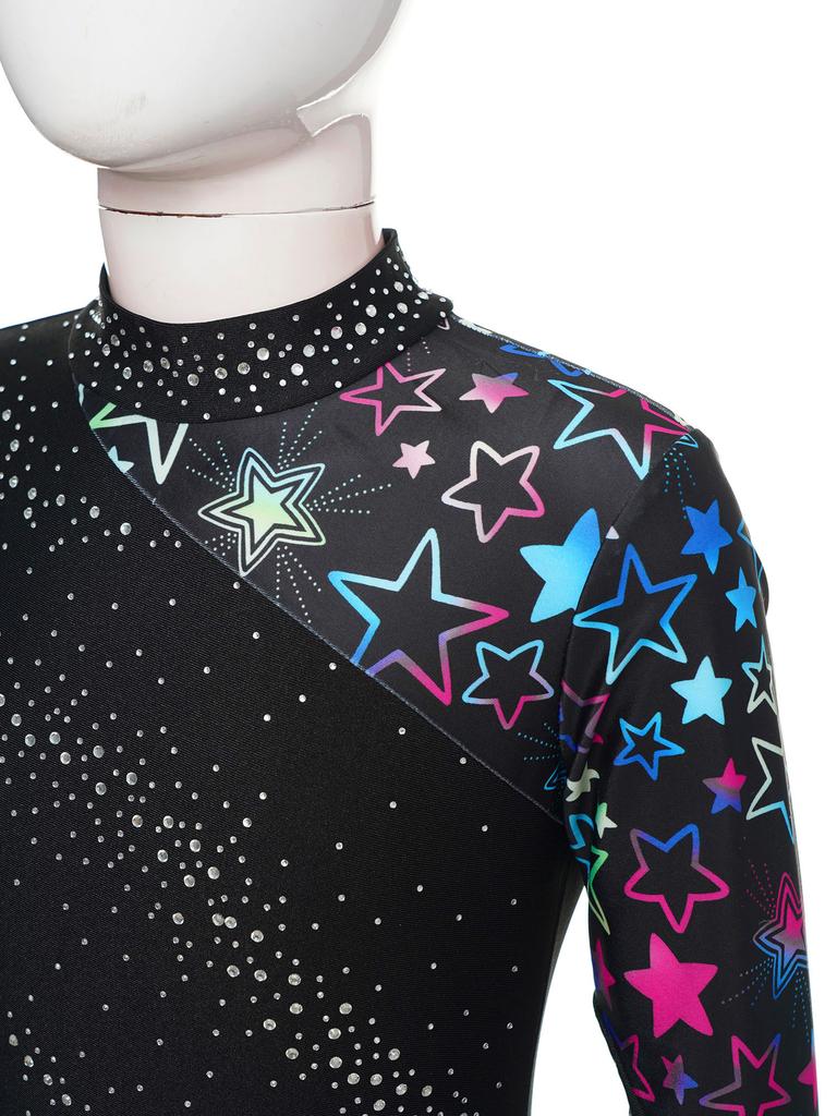 Mädchen Performance Jumpsuit Mock Neck Design Langarm Leotard Glänzende Strasssteine Akrobatik Outfit