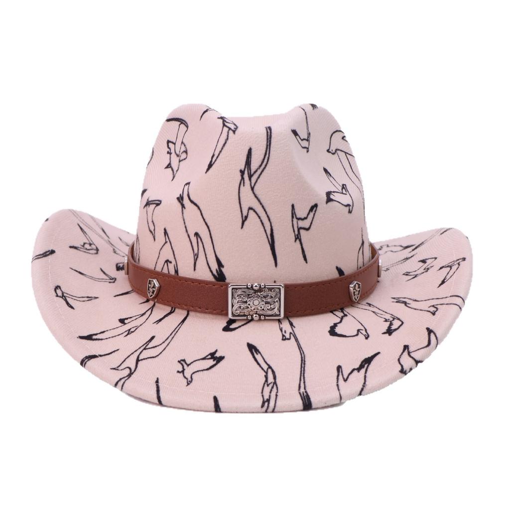 Western cowboy hat autumn and winter digital printed woolen top hat European and American fashion big-brimmed jazz hat