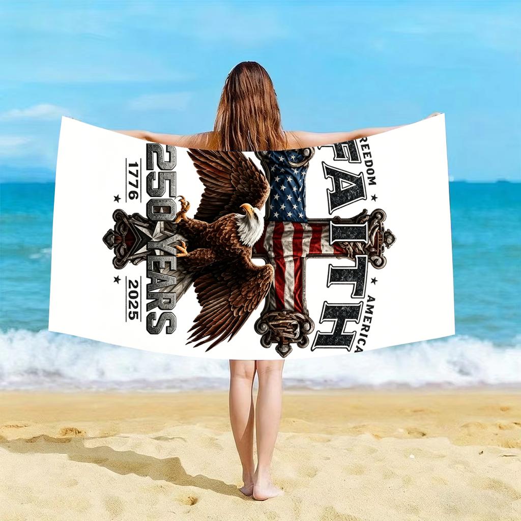 1pc USA 250 Years Faith Cross American Flag Bald Eagle Vintage Patriotic Beach Towel Microfiber Quick Dry Sand-proof Bath Towel