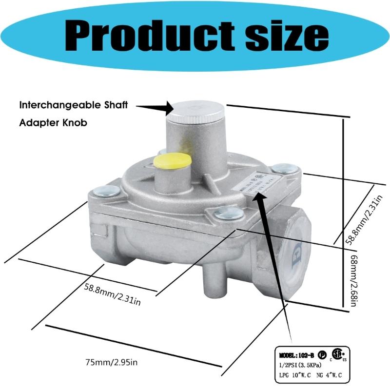 Adjustable Gas Pressure Regulator with Threaded Port and Metal Housing, Two Adapters for Propane or Natural Gas Grill Heater Oven Service
