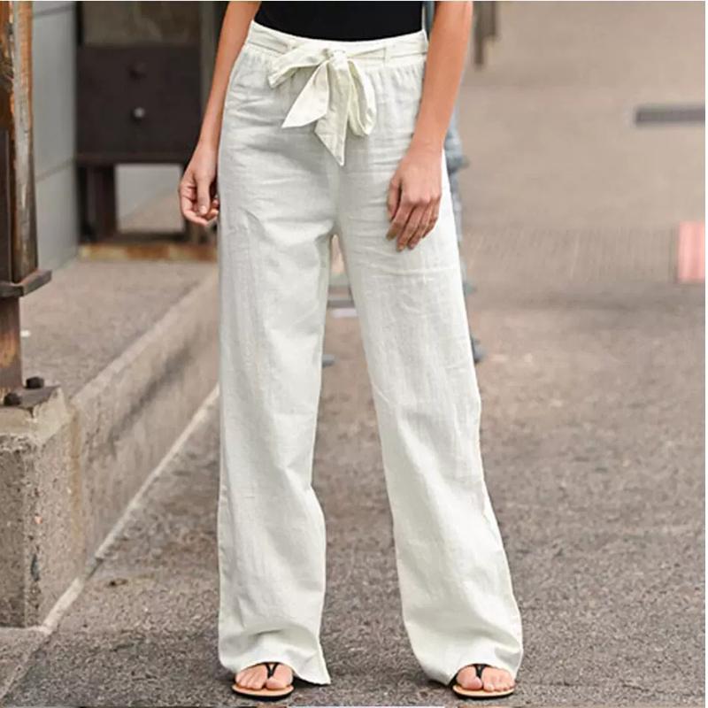 

Summer Elastic Waist Solid Color Cotton Hemp Wide Leg Trousers Loose Pants Women S бежевый