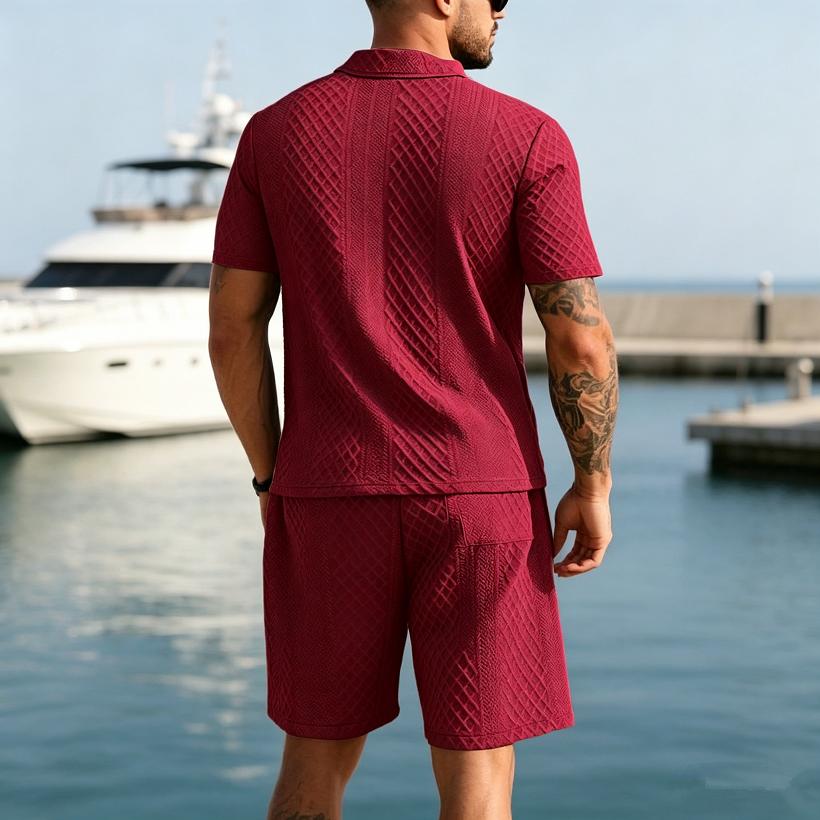 2026 Summer Fashion Sports Style Short Two Piece Set Men's Casual Solid Color Jacquard Short Sleeves Pullover POLO Shirt Shorts 2 Piece Sets