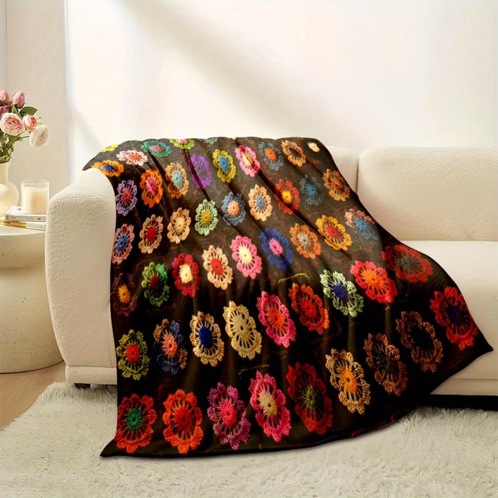 1PC Vintage Floral Crochet Blanket - Super Soft Flannel Four Seasons Sofa, Bed and Home Decor Shawl, Luxurious and Comfortable G