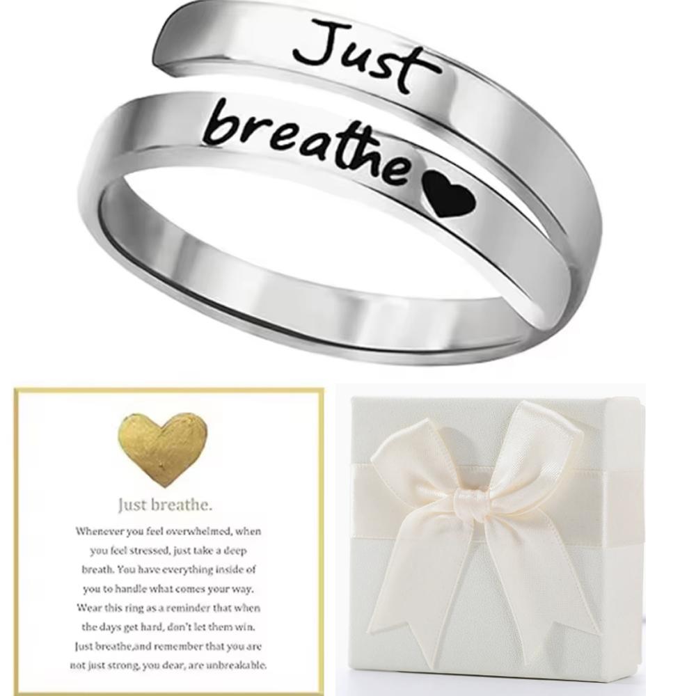 Stainless Steel Ring Just Breathe Ring for Women Men, Spiral Wrap Healing Rings, Inspirational Gifts with Message Card Box adjustable