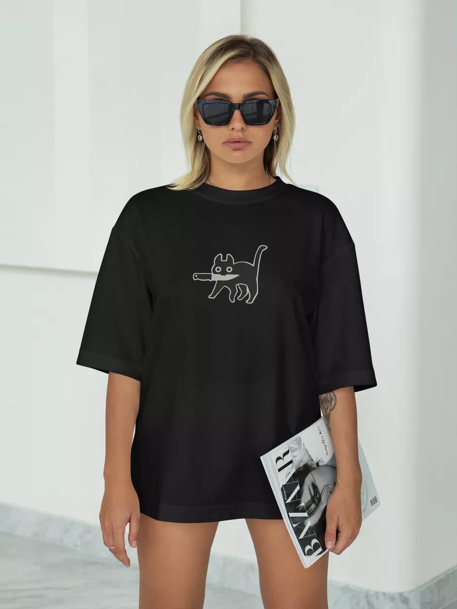 T-shirt with cat print with knife in teeth L