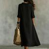 Women’s Summer Relaxed Fit Long Dress Cotton Linen V Neck Ruffle Trim Three Quarter Sleeve Casual Maxi Gown